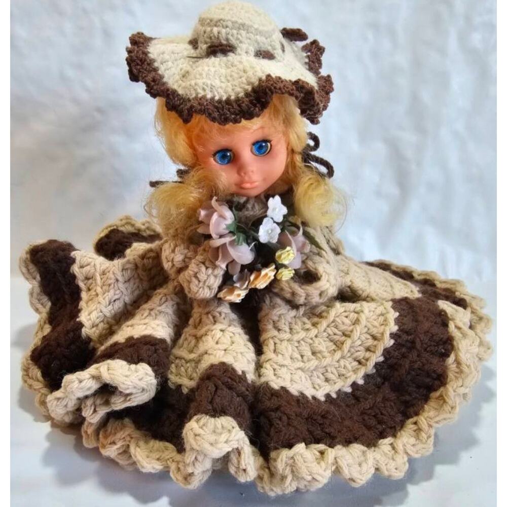 Vintage Hand Crochet Southern Belle Plastic Doll Handmade Approx 7.5" Tall